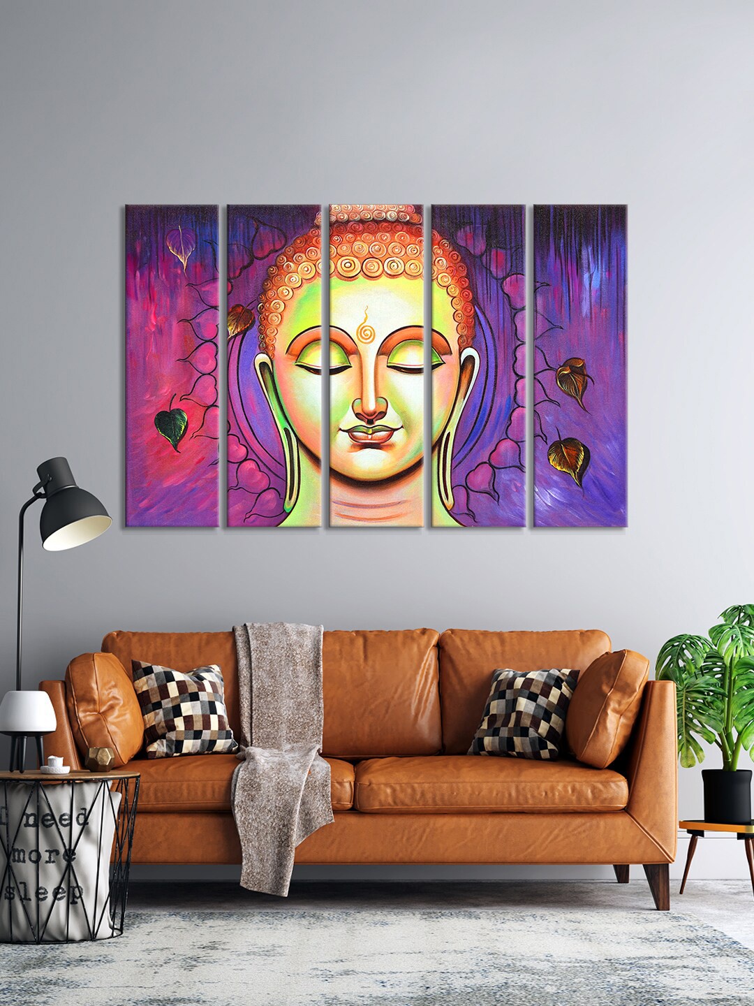 

999Store Set Of 5 Purple & Yellow Buddha Face With Leaf Printed Wall Paintings