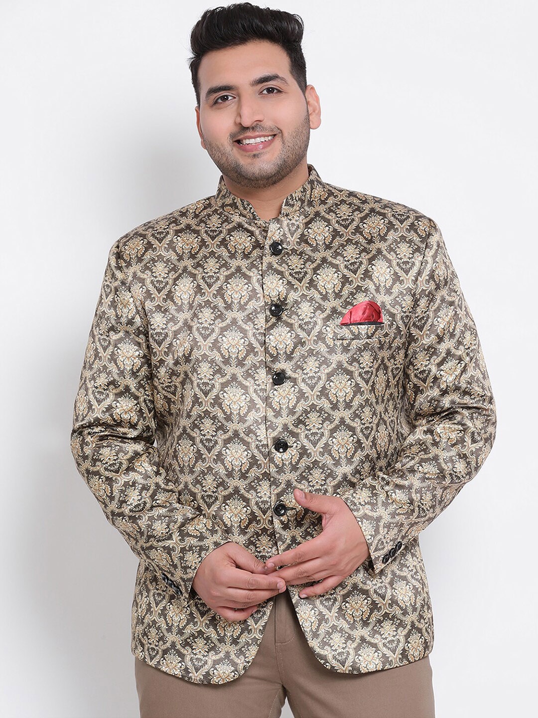 

Hangup Men Beige & Brown Printed Bandhgala Blazer