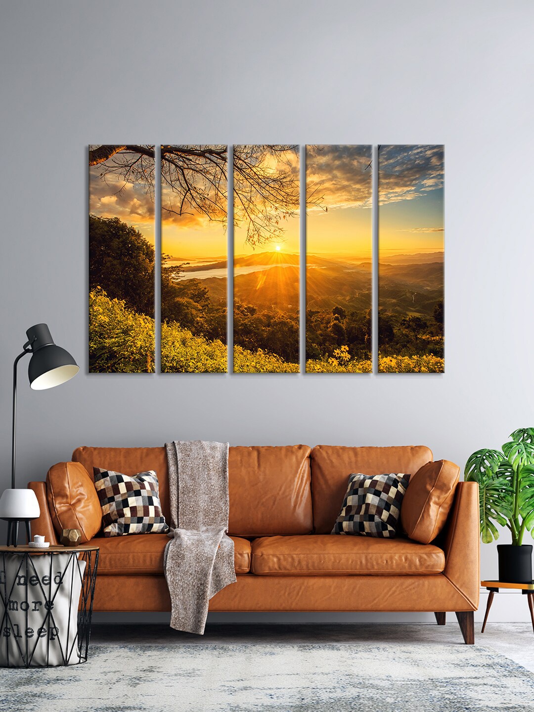 

999Store Set Of 5 Yellow & Brown Mountain View With Tree Printed Wall Paintings
