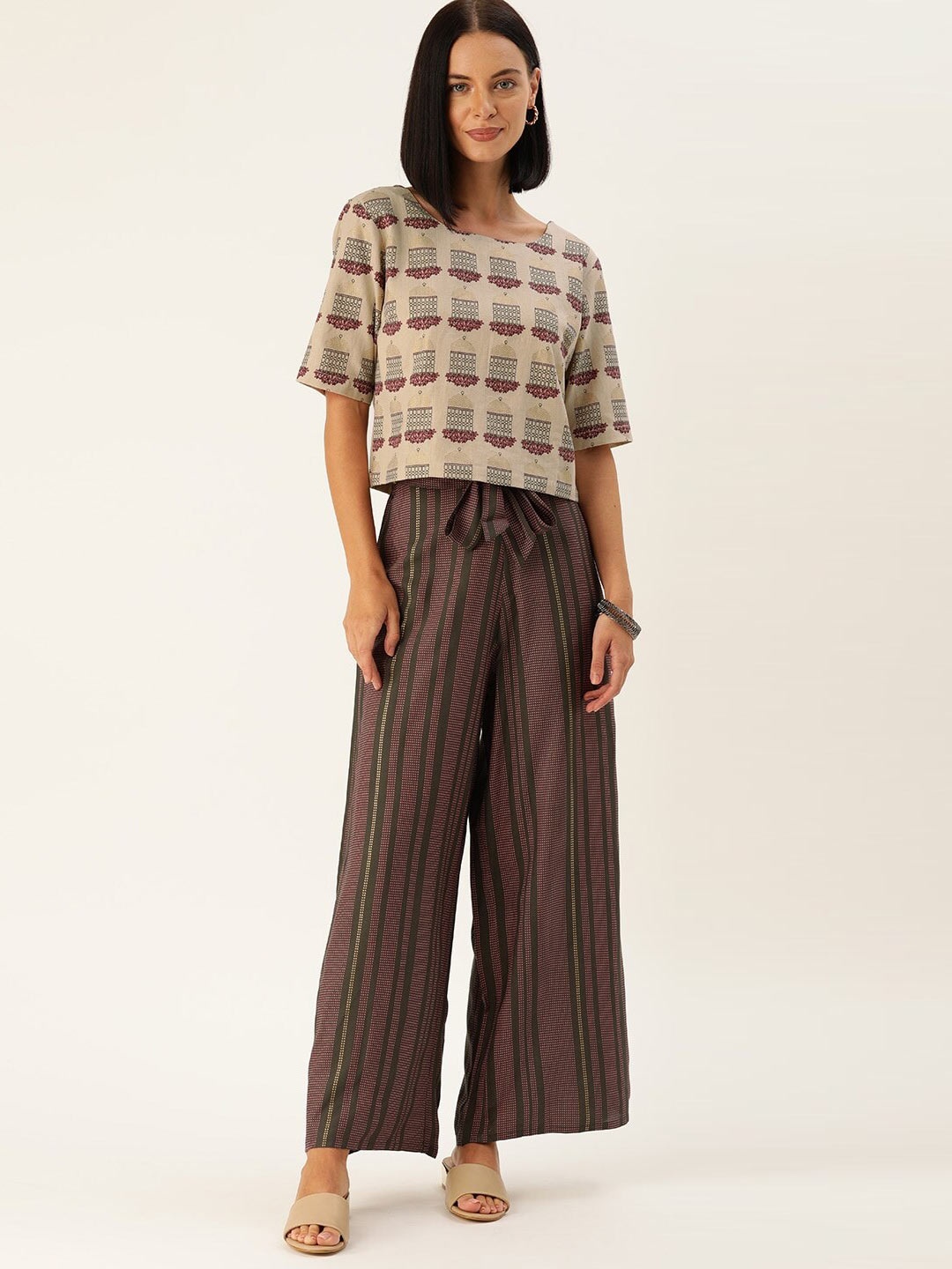 

Varanga Women Beige & Pink Printed Top with Palazzos