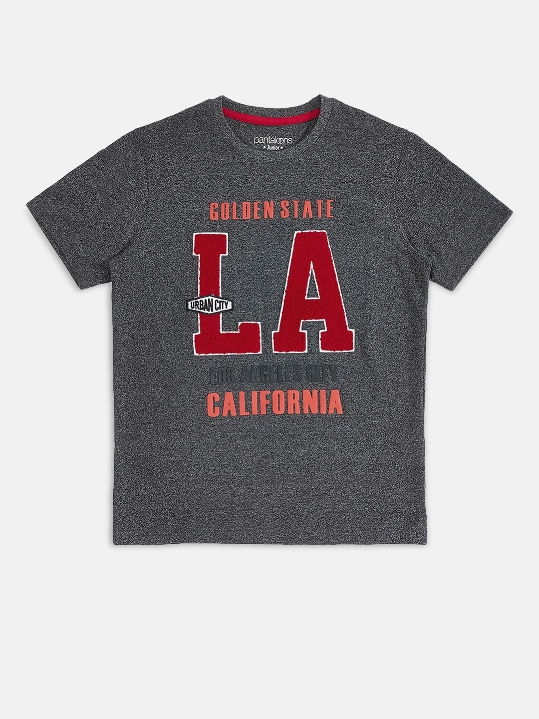 Pantaloons Junior Boys Grey Melange Typography Printed Applique T-shirt
