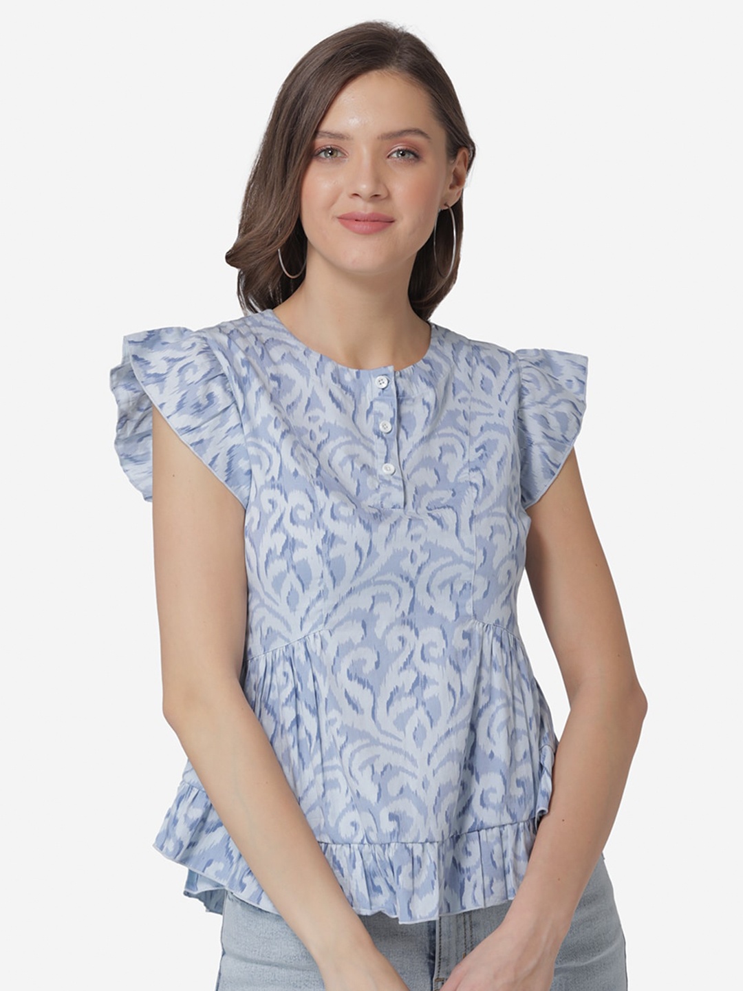 

Modriba Blue & White Flutter Sleeve Pure Cotton Empire Top