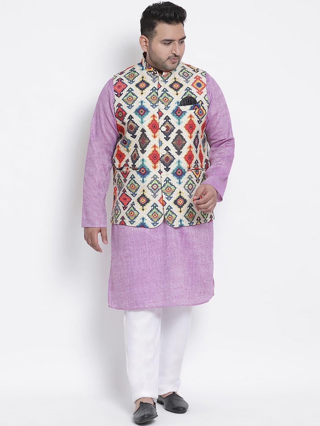 

hangup plus Men Lavender Angrakha Linen Kurta with Pyjamas & Nehru Jacket