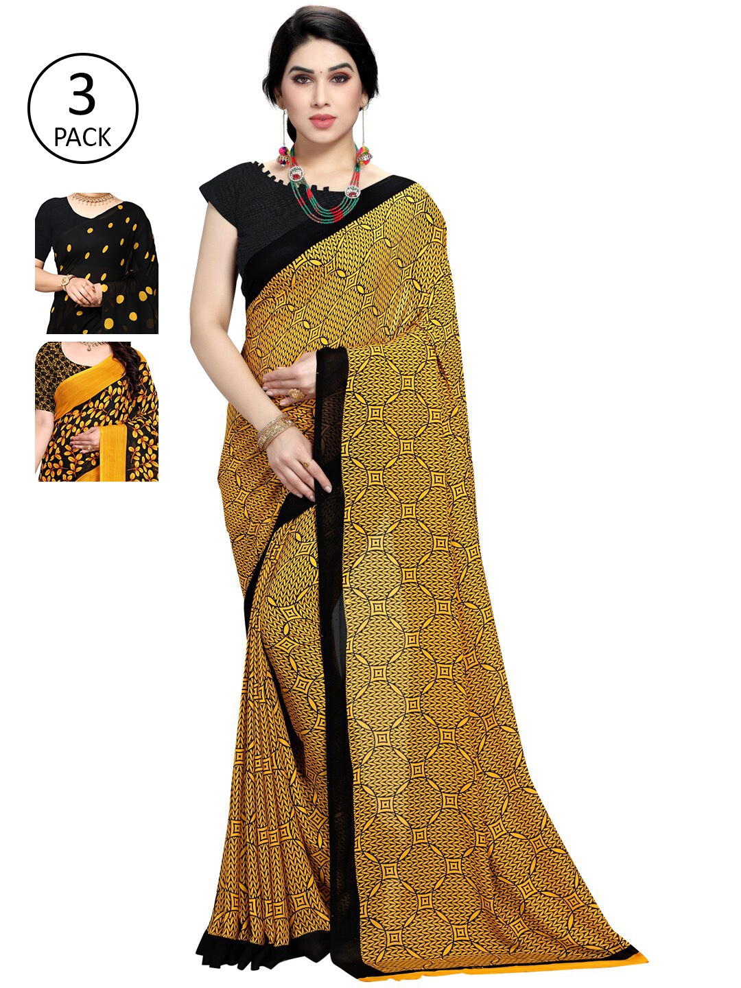

KALINI Yellow & Black Pack of 3 Printed Saree
