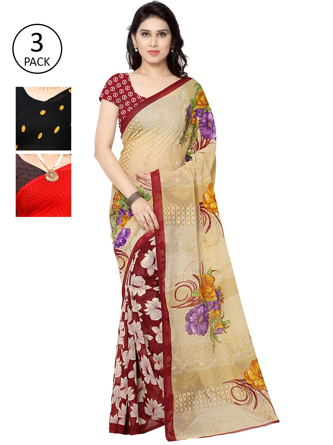 

KALINI Pack of 3 Printed Poly Georgette Saree, Multi