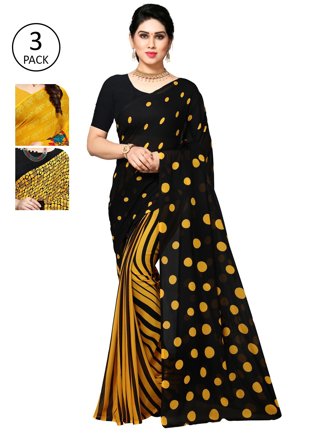 

KALINI Pack Of 3 Yellow & Black Saree