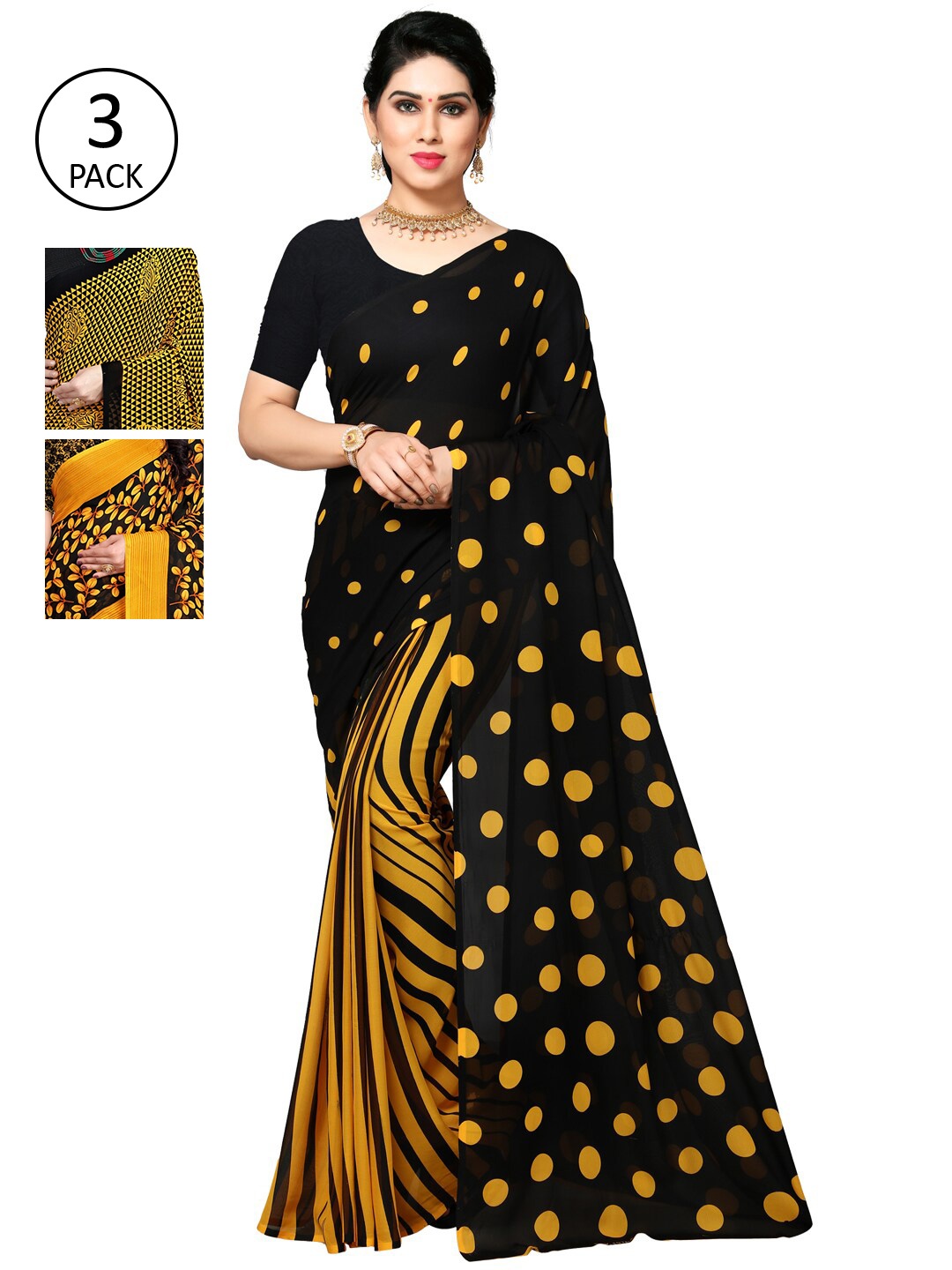 

KALINI Yellow & Black Pack of 3 Printed Saree