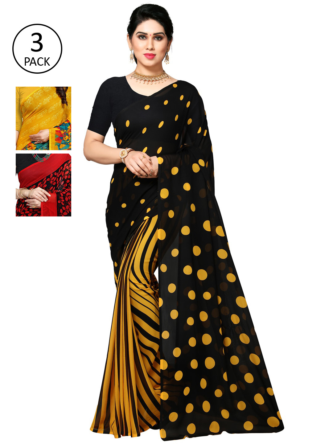 

KALINI Pack Of 3 Printed Sarees, Yellow