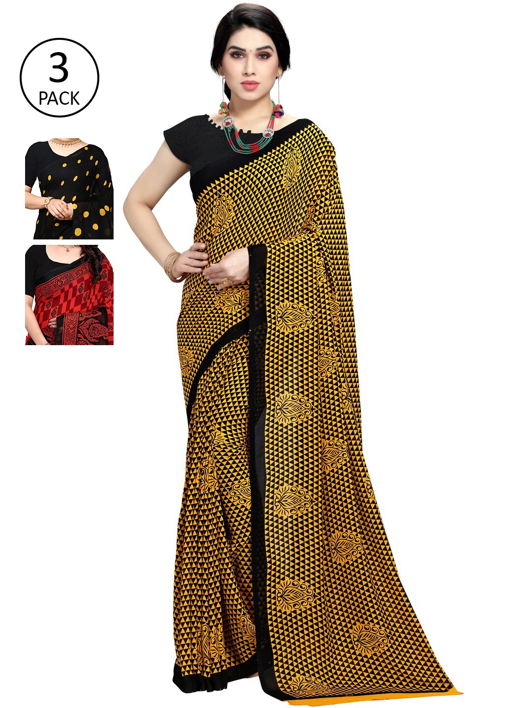 

KALINI Women Pack of 3 Printed Poly Georgette Sarees, Yellow