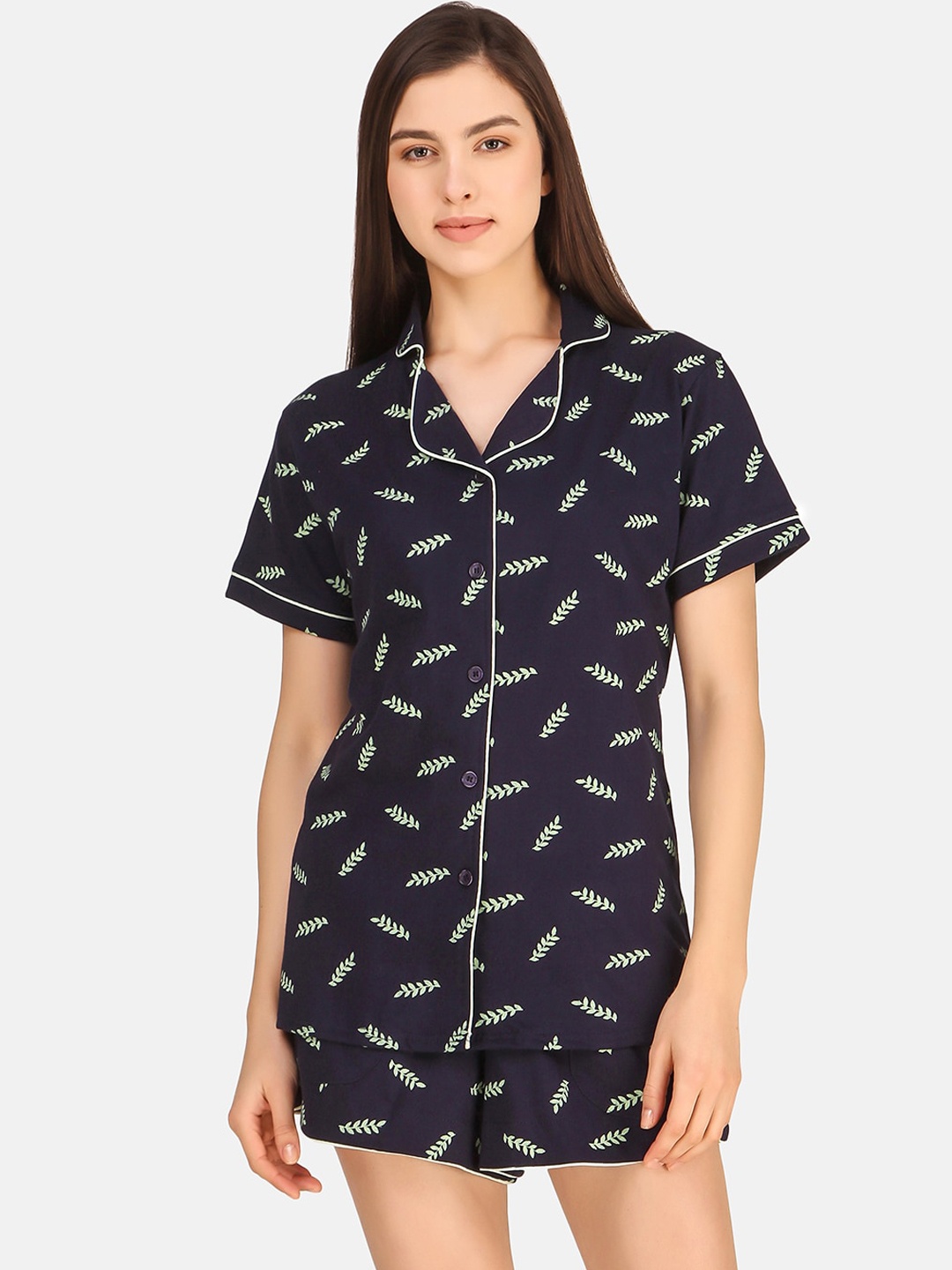 

Masha Women Navy Blue & Off White Printed Night suit