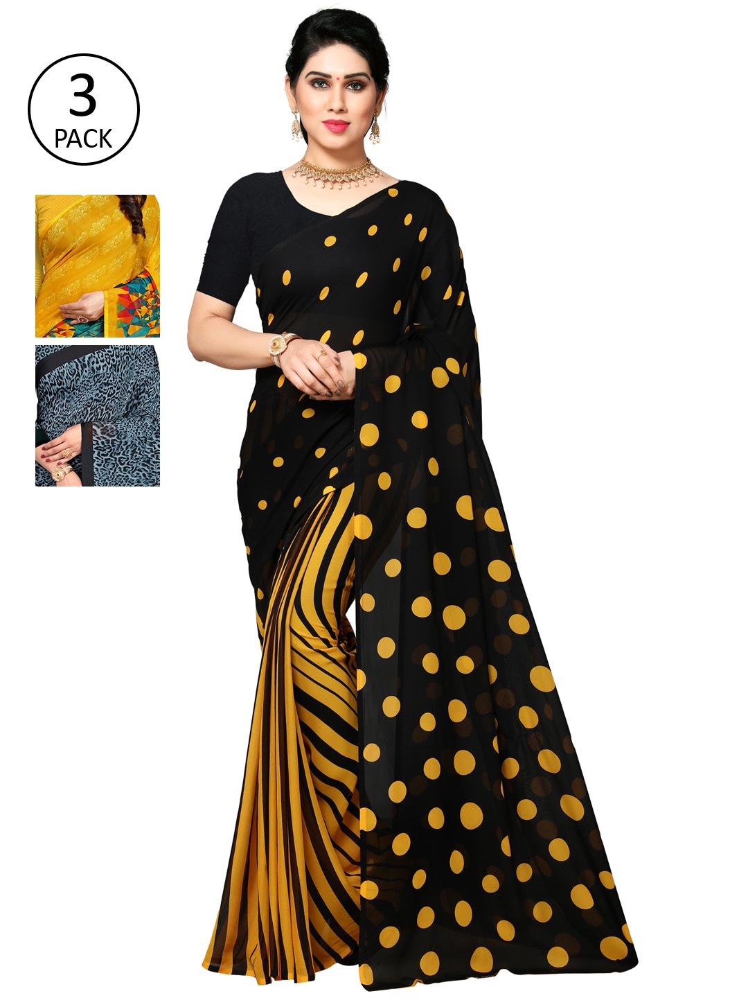 

KALINI Black & Yellow Pack of 3 Saree
