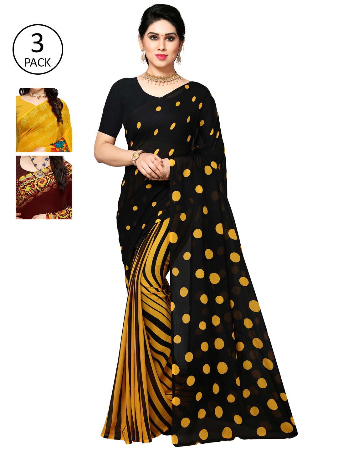 

KALINI Pack Of 3 Printed Sarees, Yellow