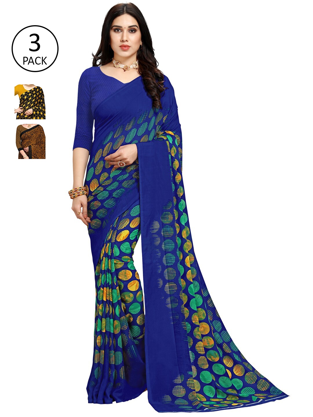 

KALINI Pack of 3 Poly Georgette Printed Sarees, Blue