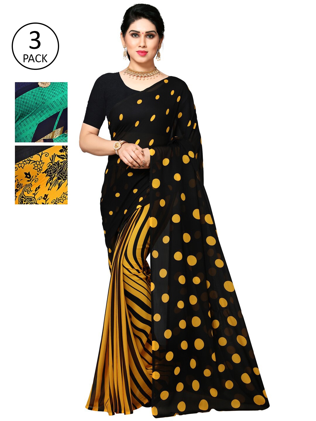 

KALINI Pack of 3 Printed Poly Georgette Sarees, Multi