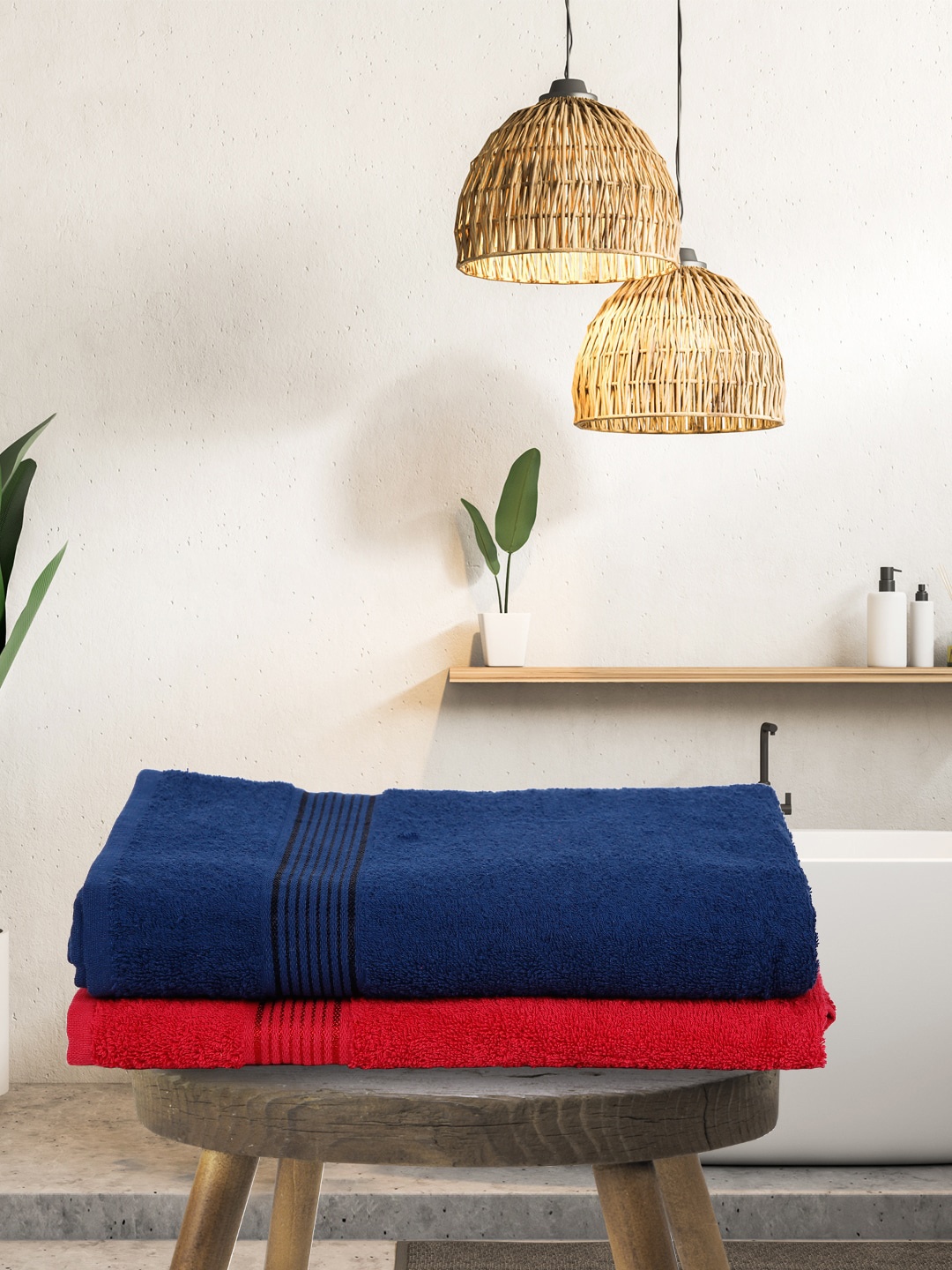 

BIANCA Navy Blue & Red Set of 2 Solid 380 GSM Cotton Bath Towels