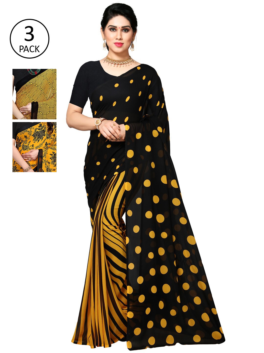 

KALINI Yellow & Black Pack of 3 Printed Saree