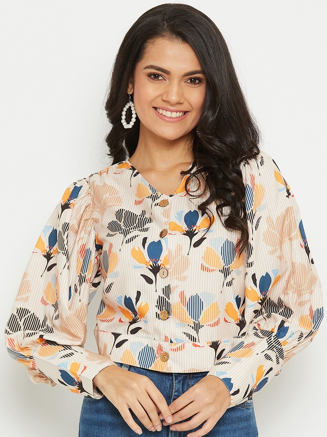 

PANIT Brown & Mustard Yellow Floral Crepe Shirt Style Top