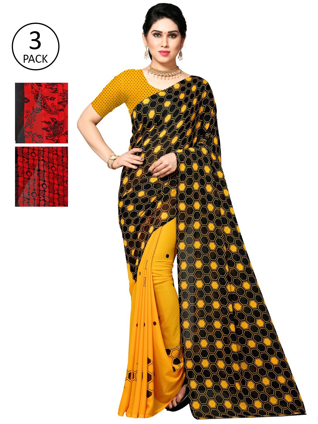 

KALINI Multicoloured Set of 3 Poly Georgette Saree, Multi