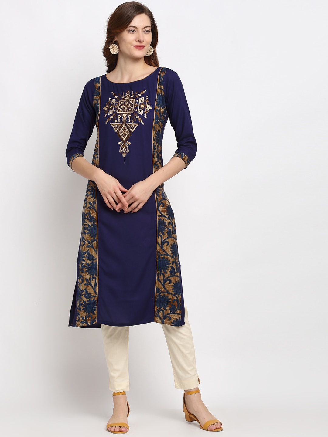 

Lovely Lady Women Navy Blue Floral Printed Thread Work Straight Kurta