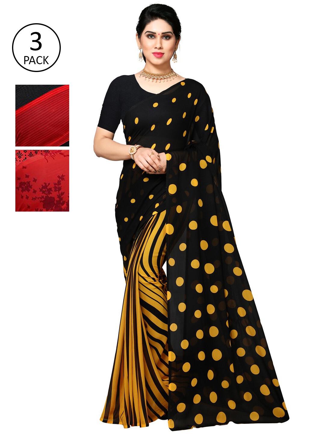 

KALINI Black & Red Pack of 3 Printed Saree