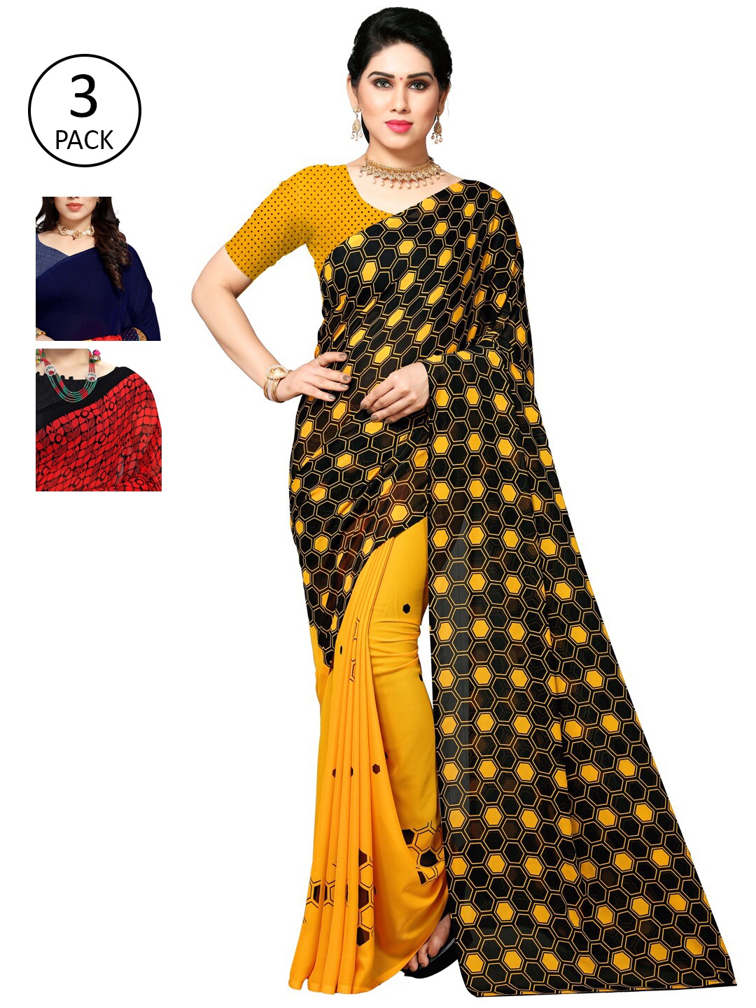 

KALINI Pack Of 3 Black & Yellow Saree
