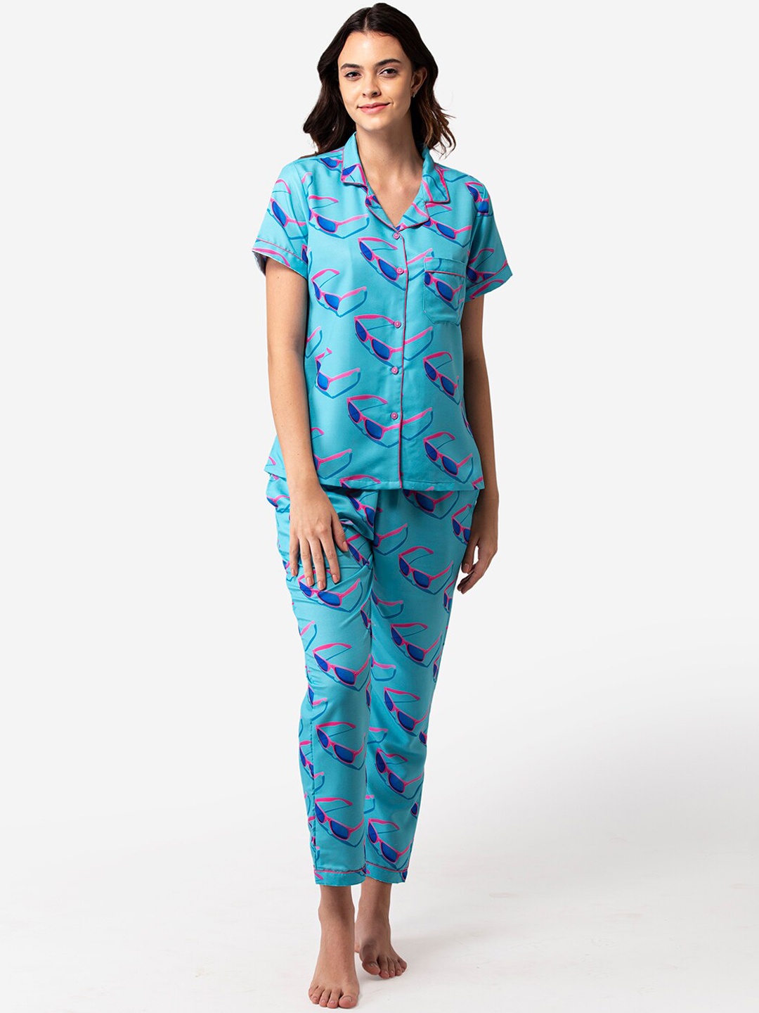 

Bellofox Women Blue & Pink Printed Cotton Night Suit
