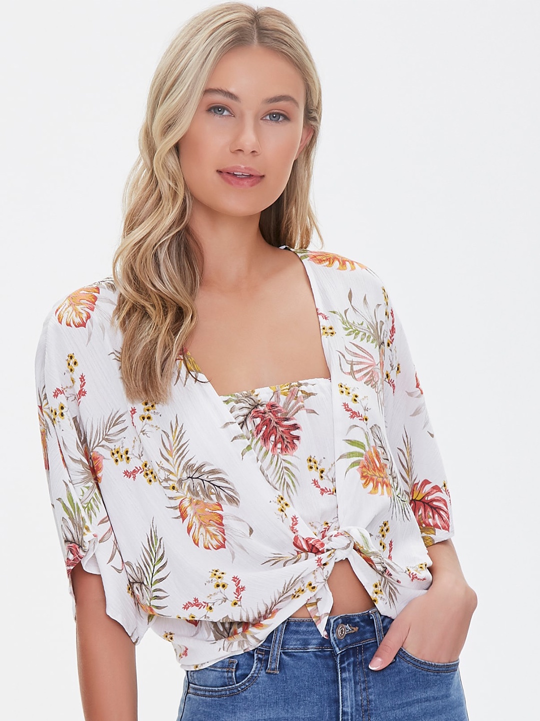 

FOREVER 21 Multicoloured Tropical Extended Sleeves Blouson Crop Top, Multi
