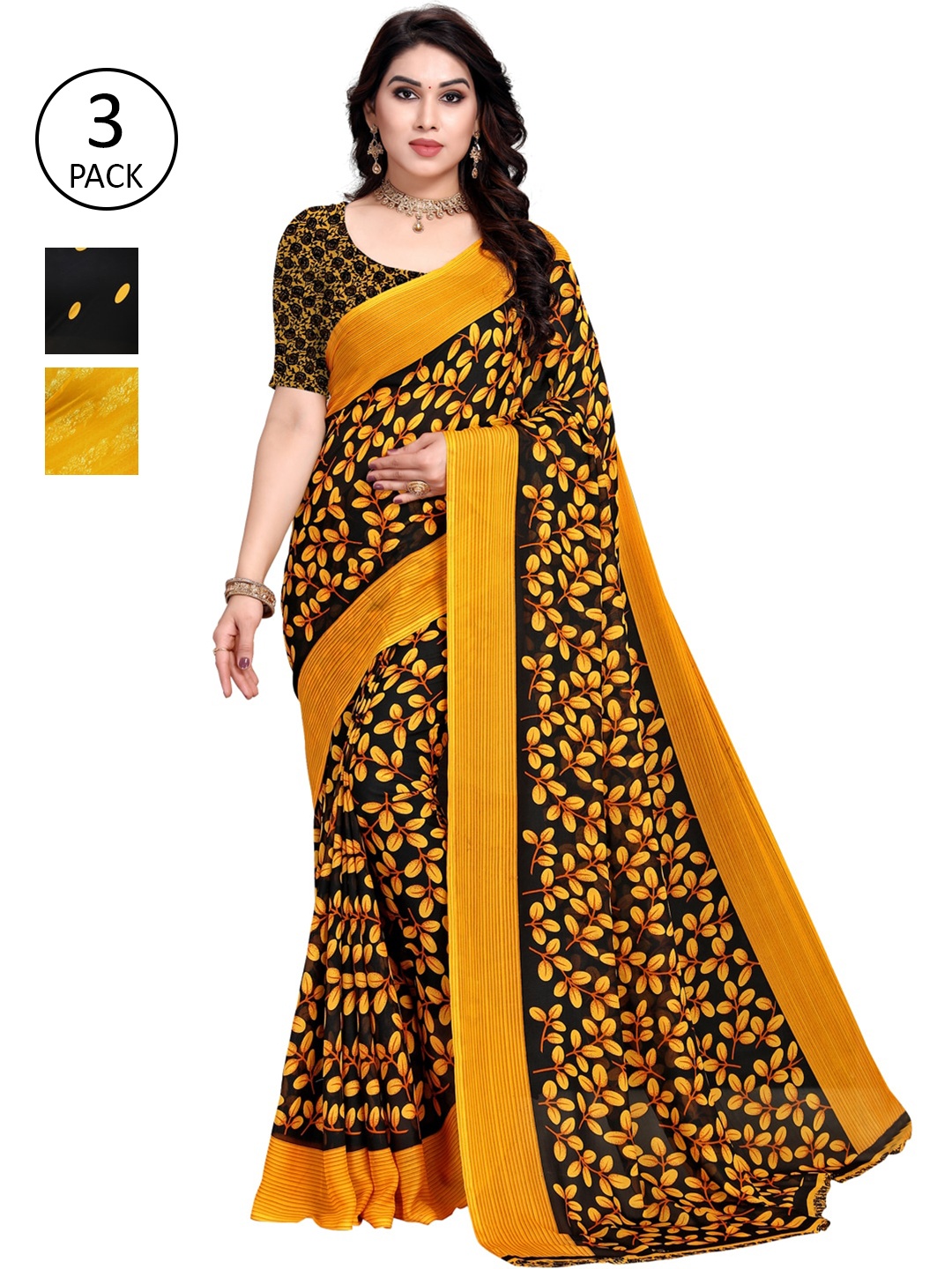 

KALINI Pack Of 3 Printed Sarees, Yellow