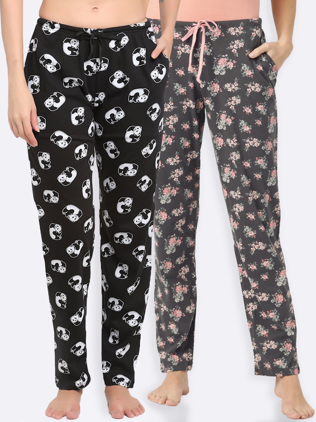 

Kanvin Women Pack Of 2 Printed Pure Cotton Lounge Pants, Black