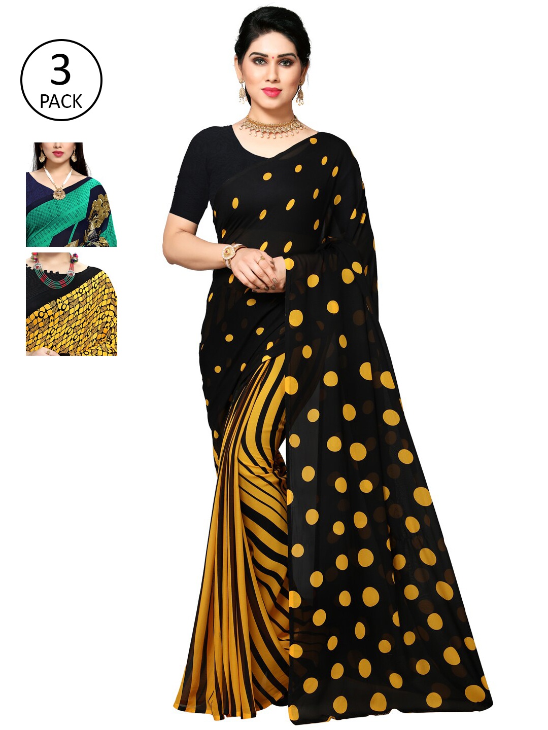 

KALINI Pack of 3 Poly Georgette Sarees, Black