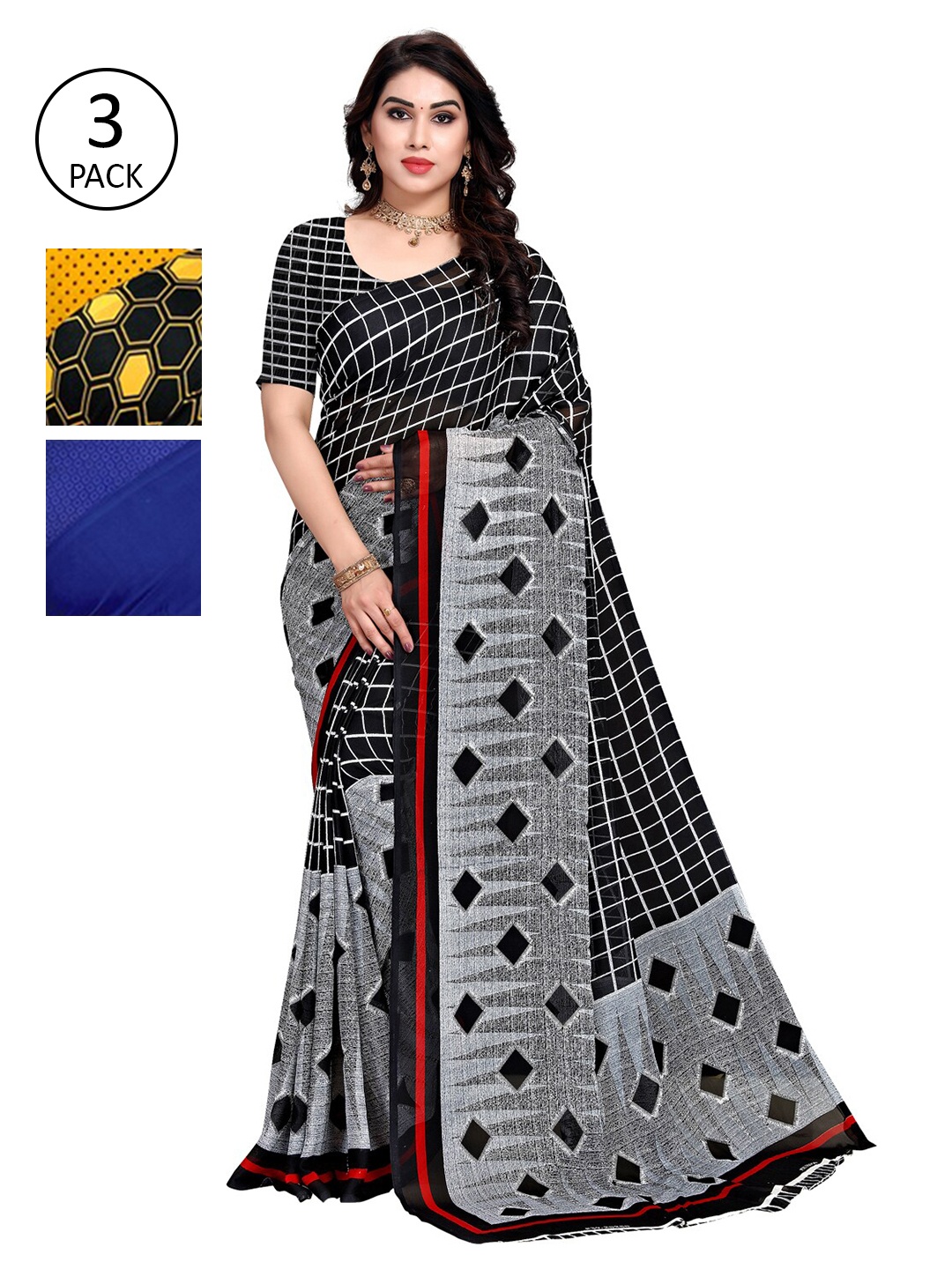 

KALINI Pack of 3 Poly Georgette Saree, Mustard