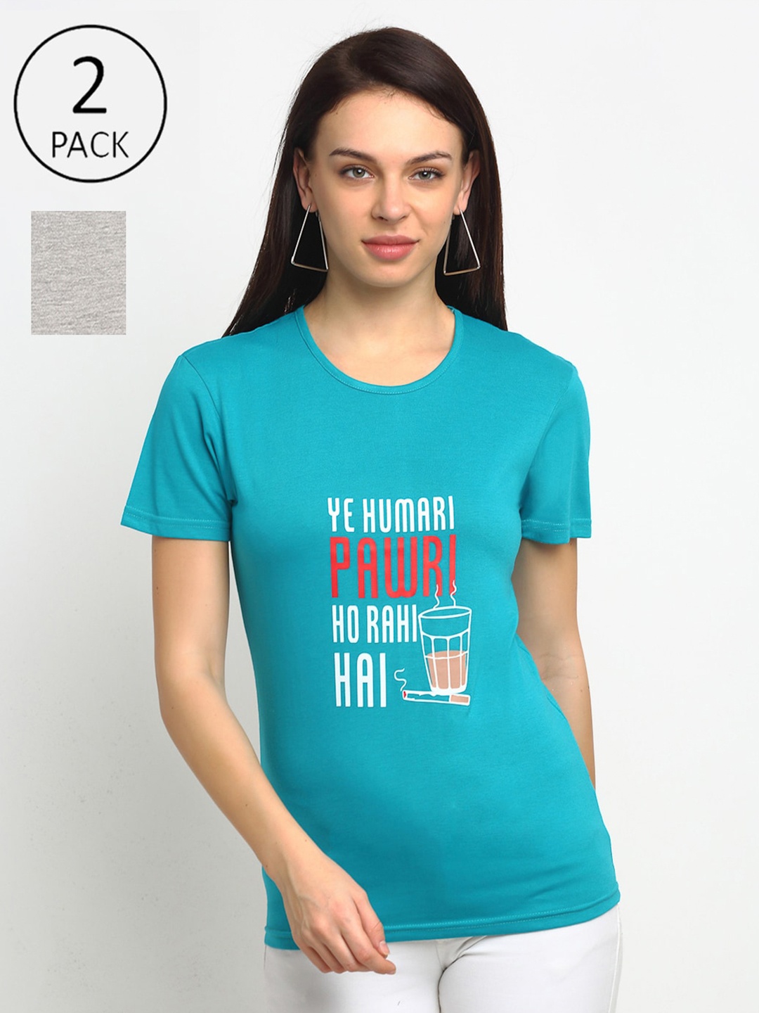 

MACK JONNEY Women Grey & Teal Typography 2 Printed T-shirt