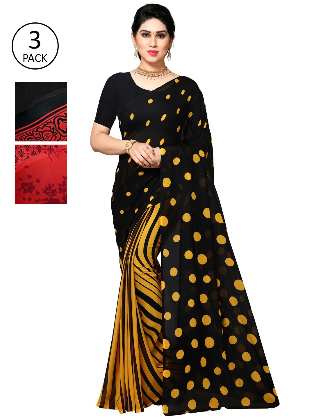 

KALINI Multicoloured Set of 3 Poly Georgette Saree, Multi