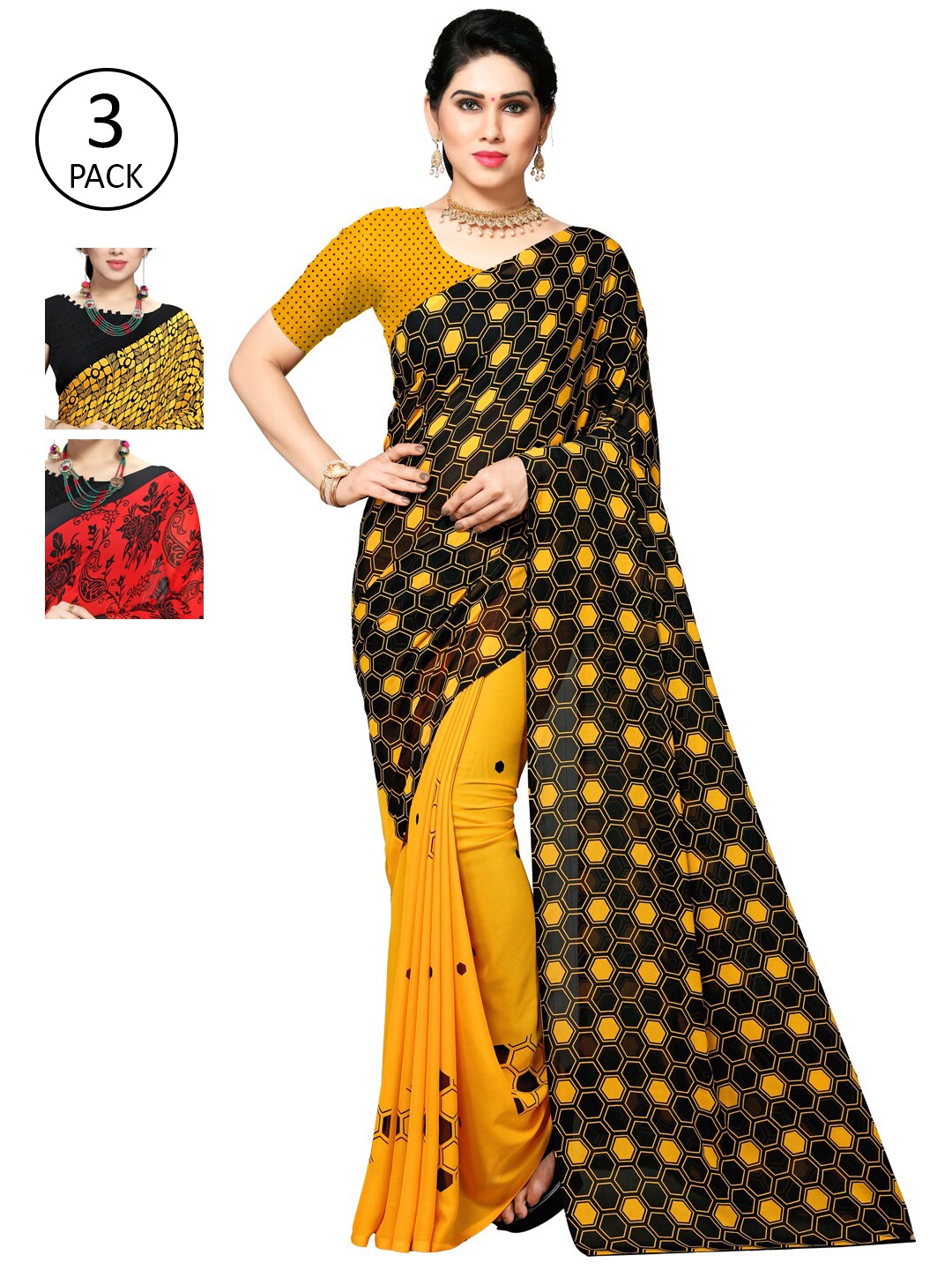 

KALINI Pack of 3 Printed Poly Georgette Sarees, Multi
