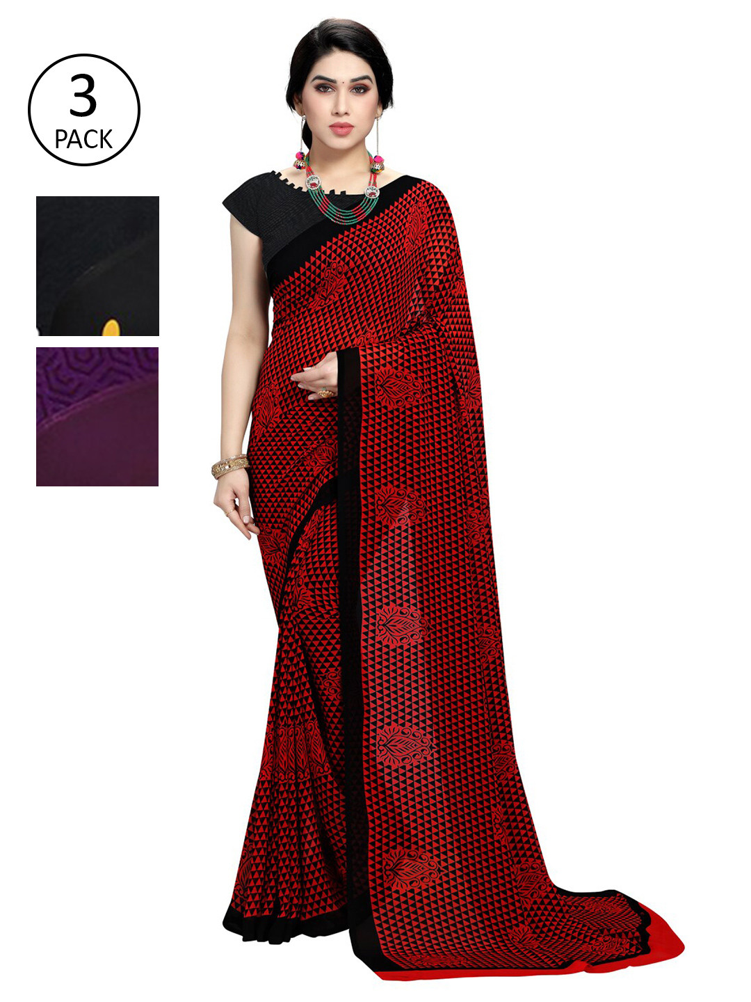

KALINI Pack Of 3 Printed Sarees, Black