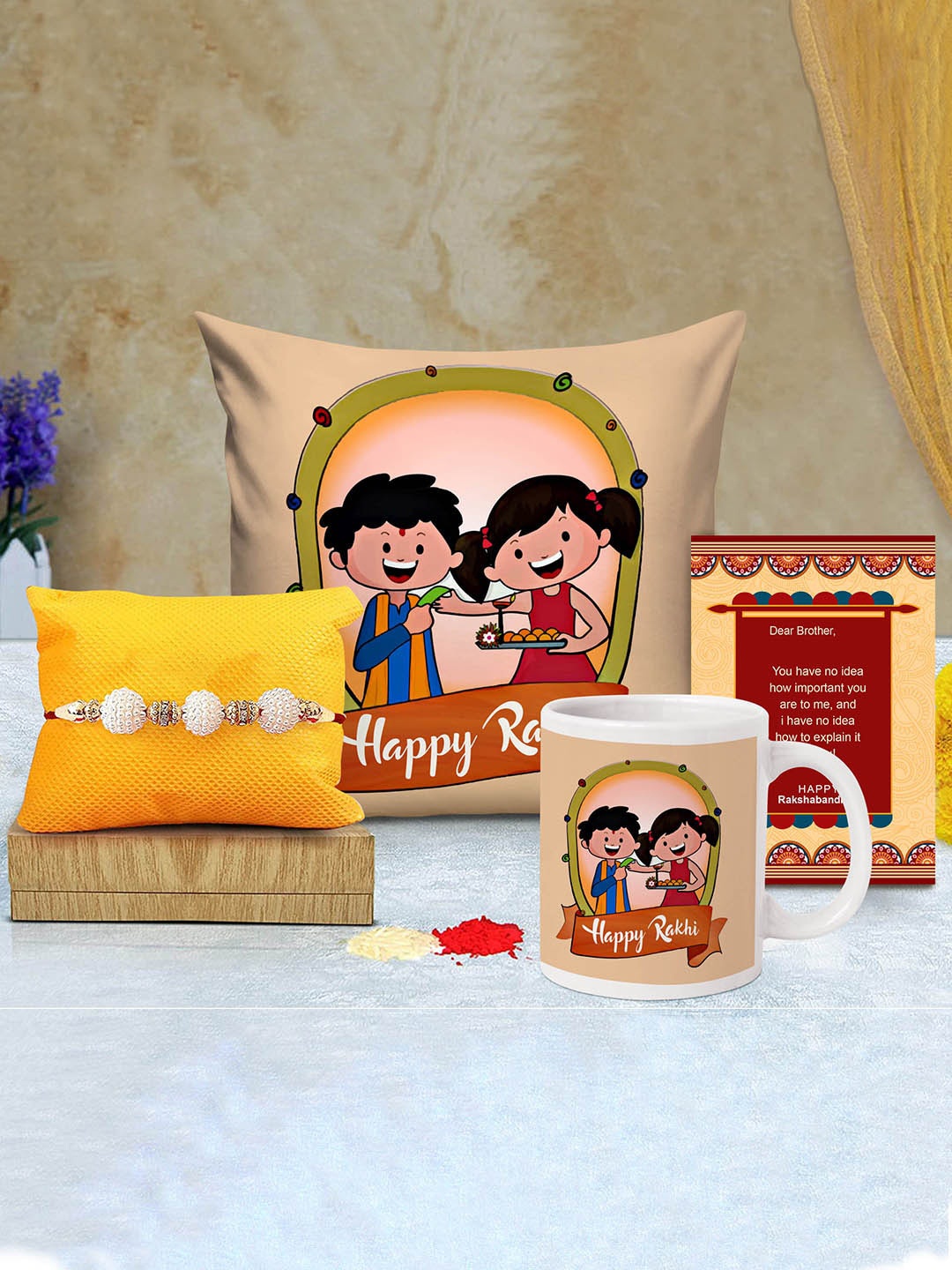 

TIED RIBBONS Rakshabandhan Rakhi Cushion with Filler Mug & Greeting Card, Multi