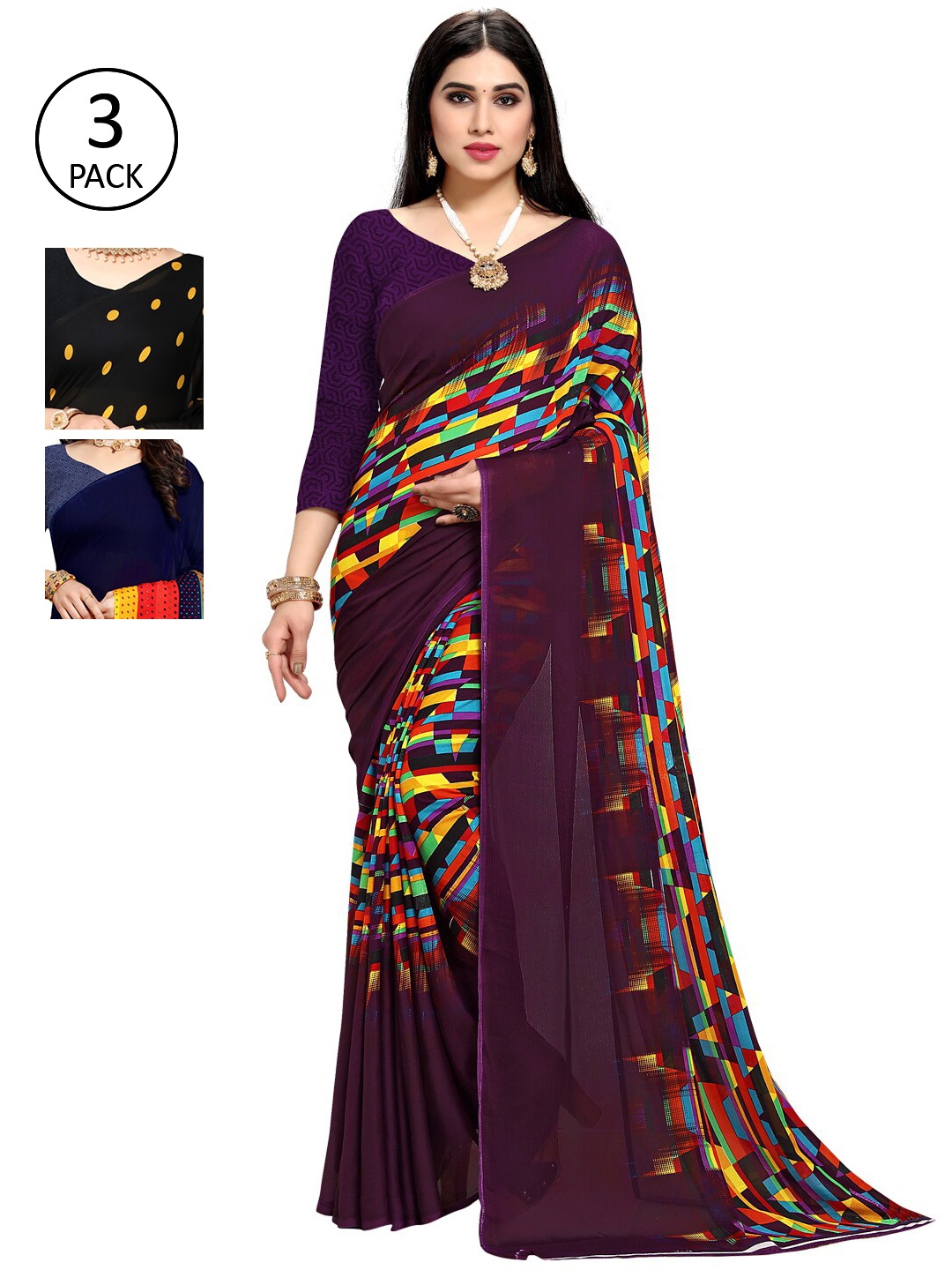 

KALINI Pack of 3 Poly Georgette Printed Sarees, Yellow