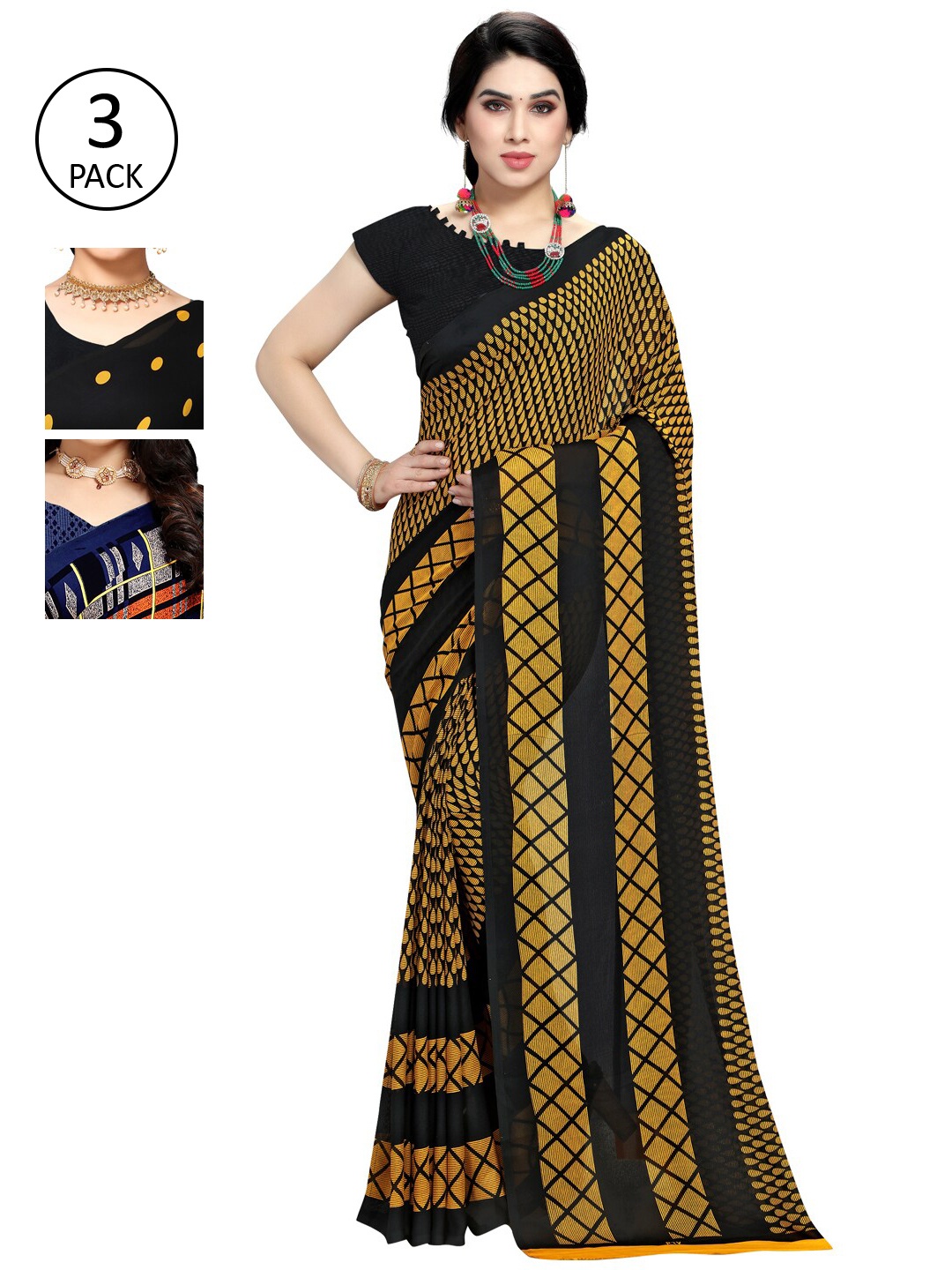 

KALINI Pack of 3 Poly Georgette Sarees, Yellow