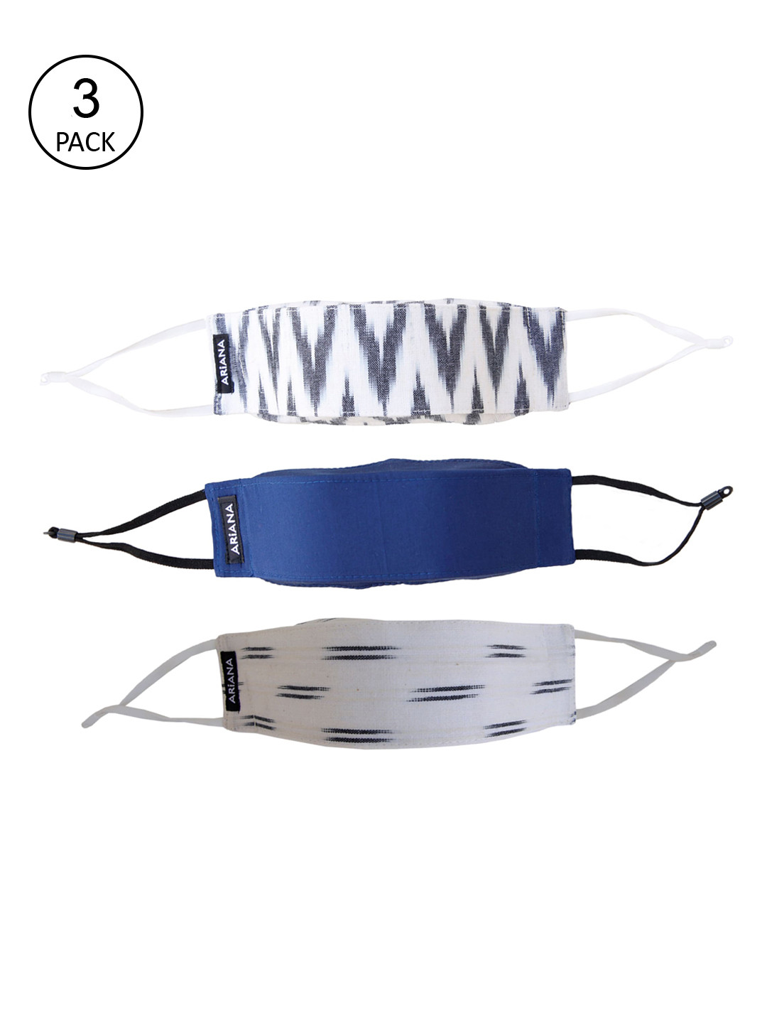 

Ariana Unisex Pack Of 3 Ikat Printed Pure Cotton 7-Ply Reusable Cloth Face Masks, Blue