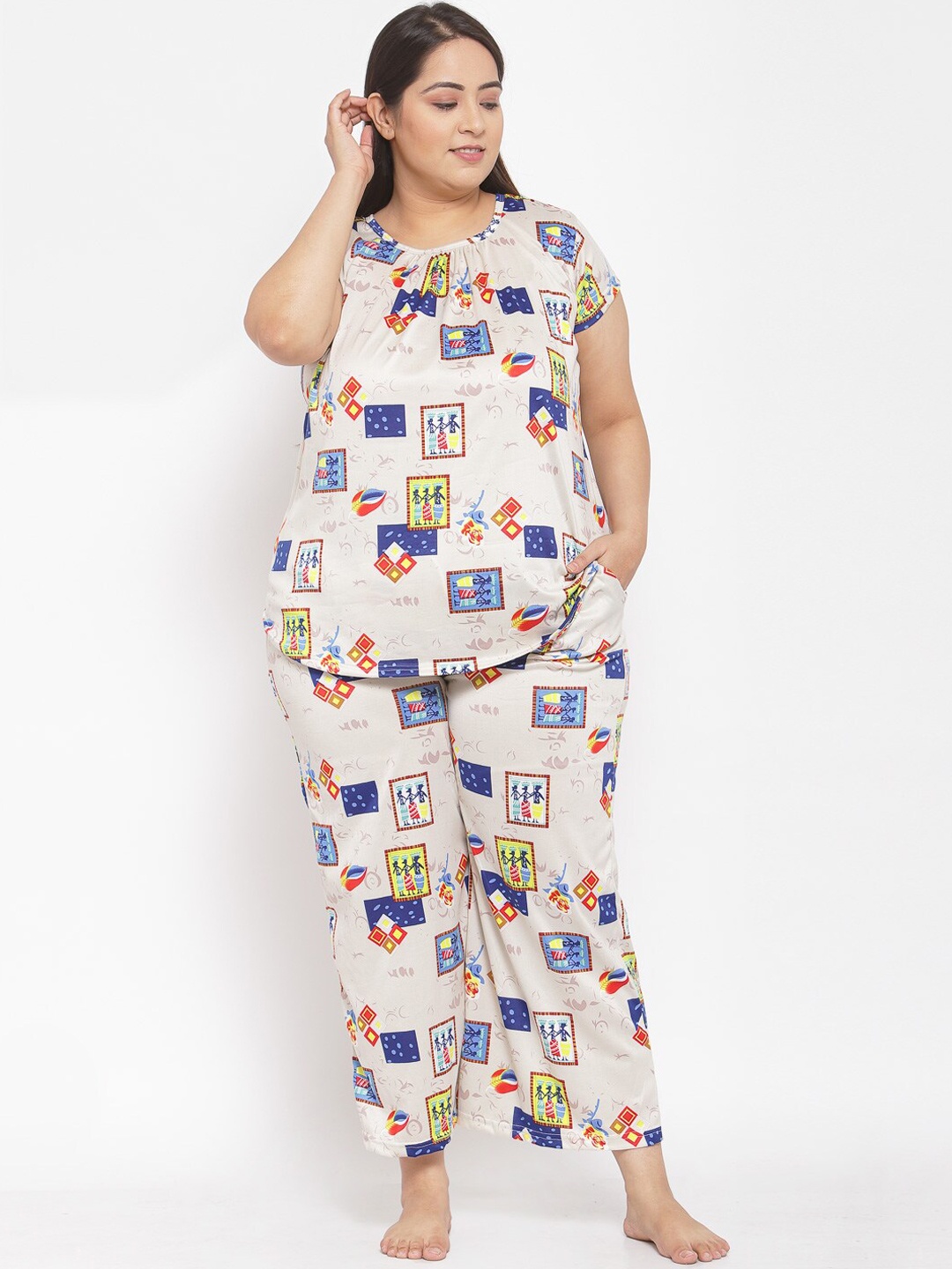 KLOTTHE Women Cream & Blue Printed Plus Size Night Suit