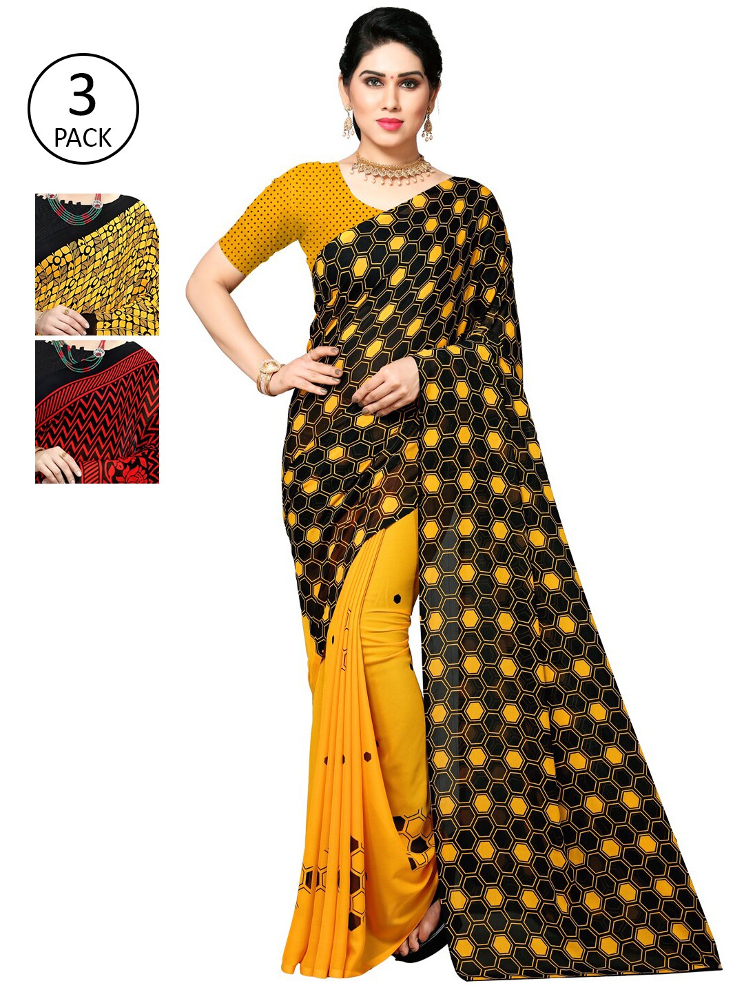 

KALINI Pack of 3 Poly Georgette Printed Sarees, Mustard