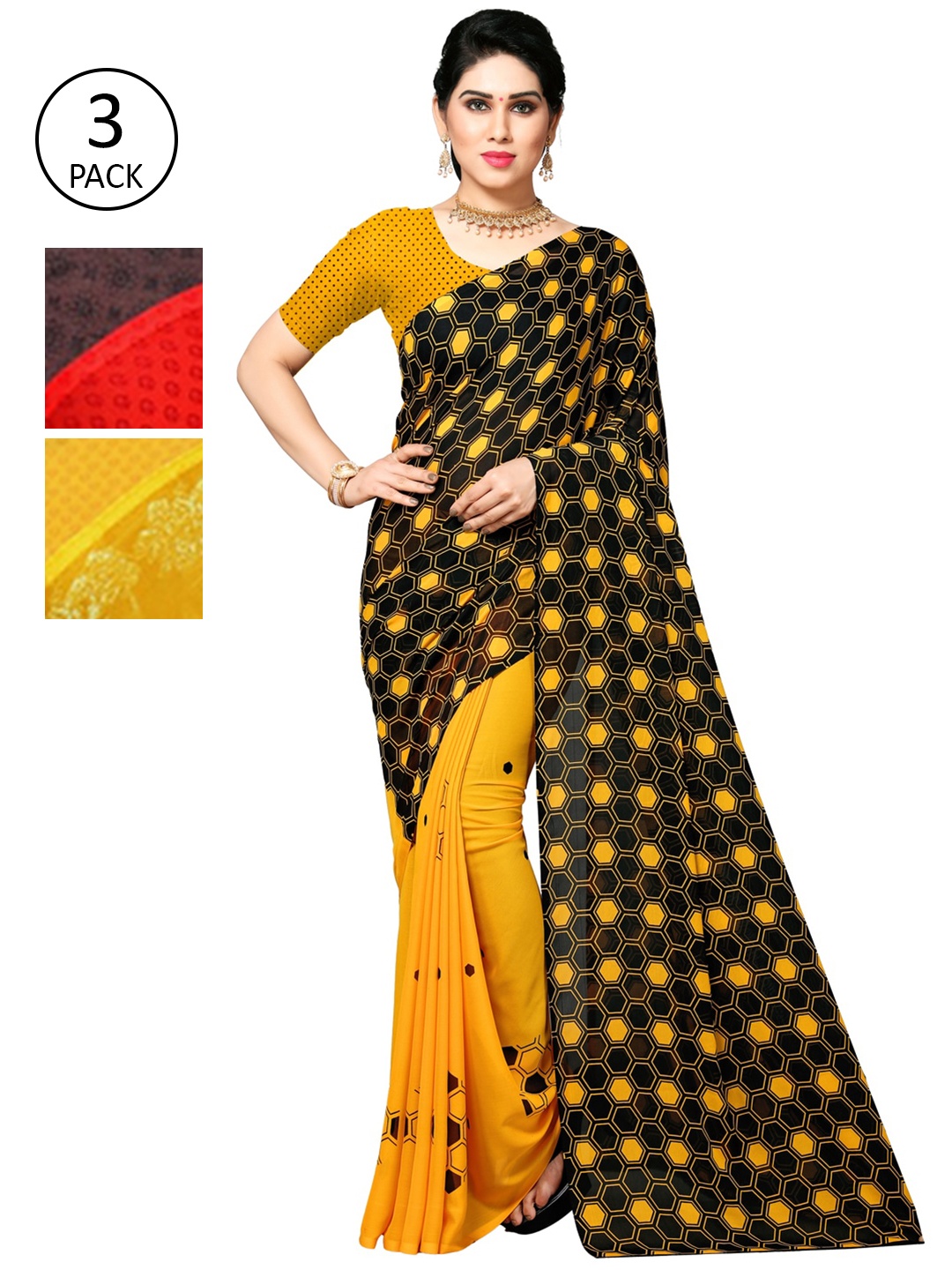 

KALINI Multi Pack of 3 Printed Poly Georgette Saree