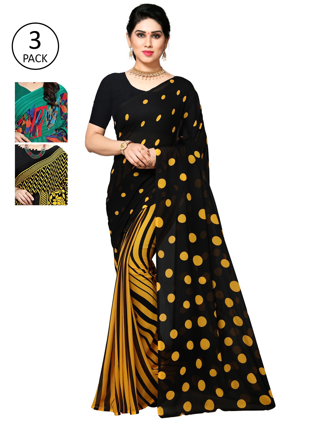 

KALINI Pack of 3 Poly Georgette Sarees, Yellow