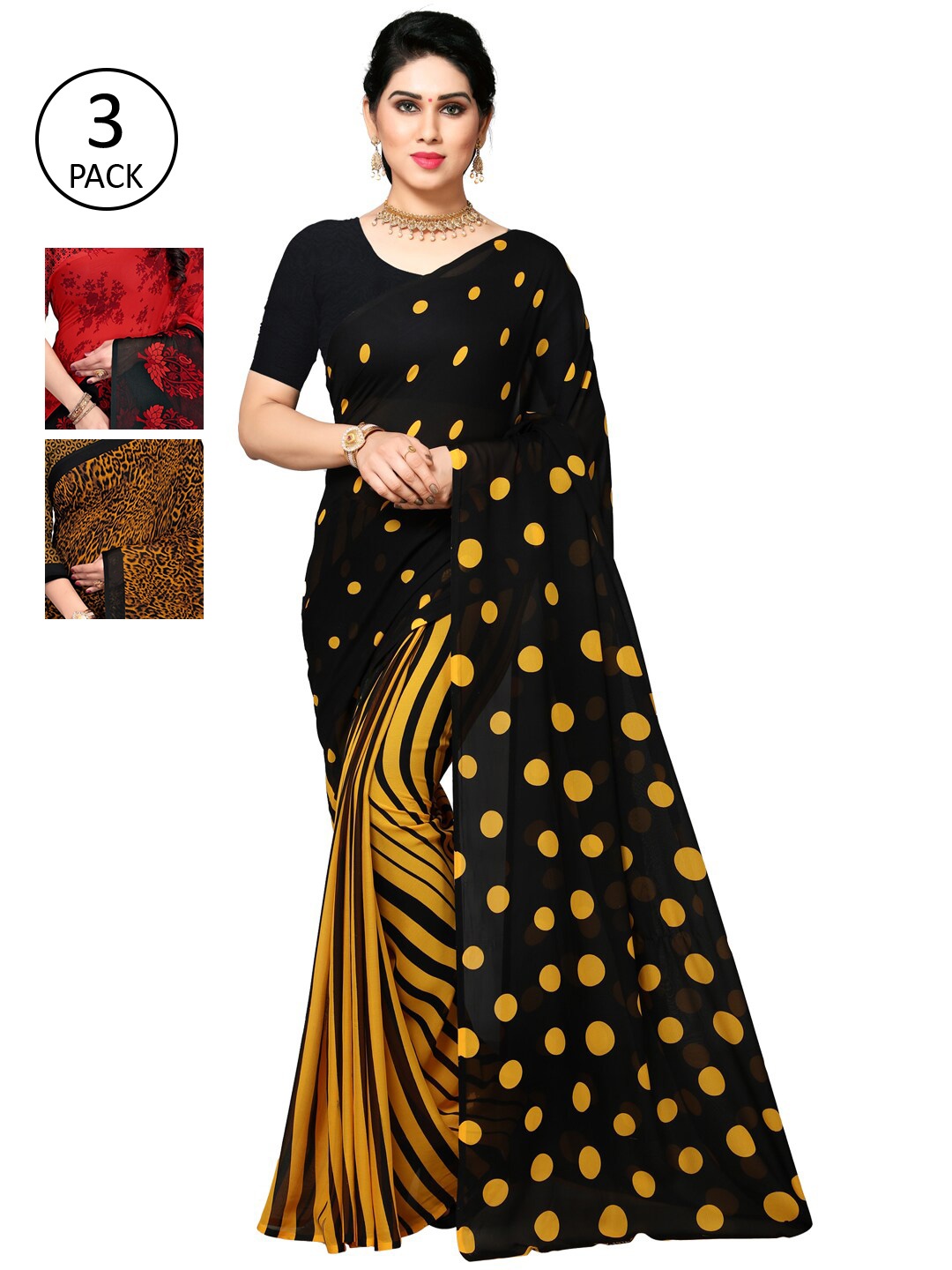 

KALINI Pack Of 3 Poly Georgette Sarees, Black