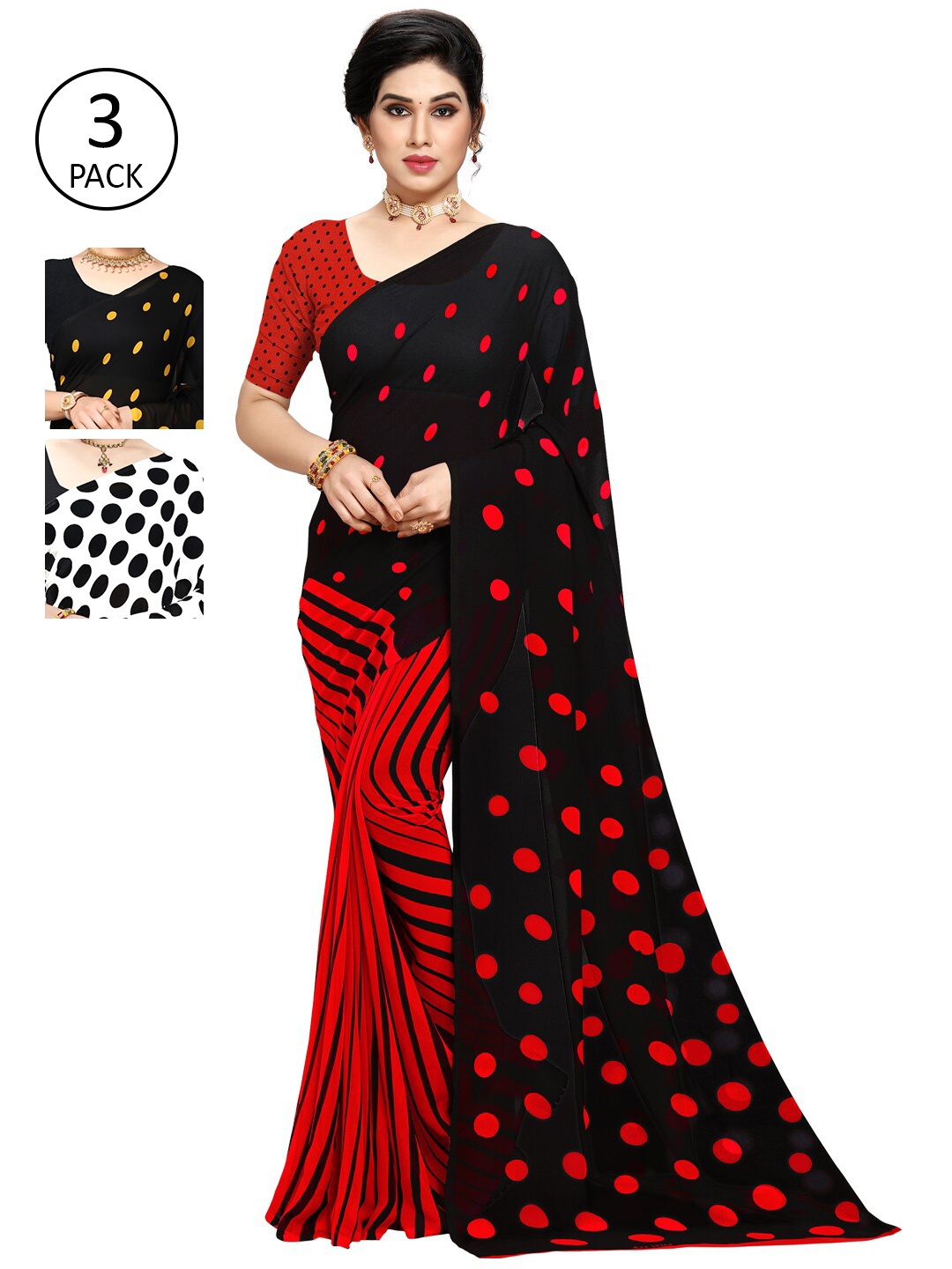 ANAND SAREES Red & Black Pack of 3 Printed Saree