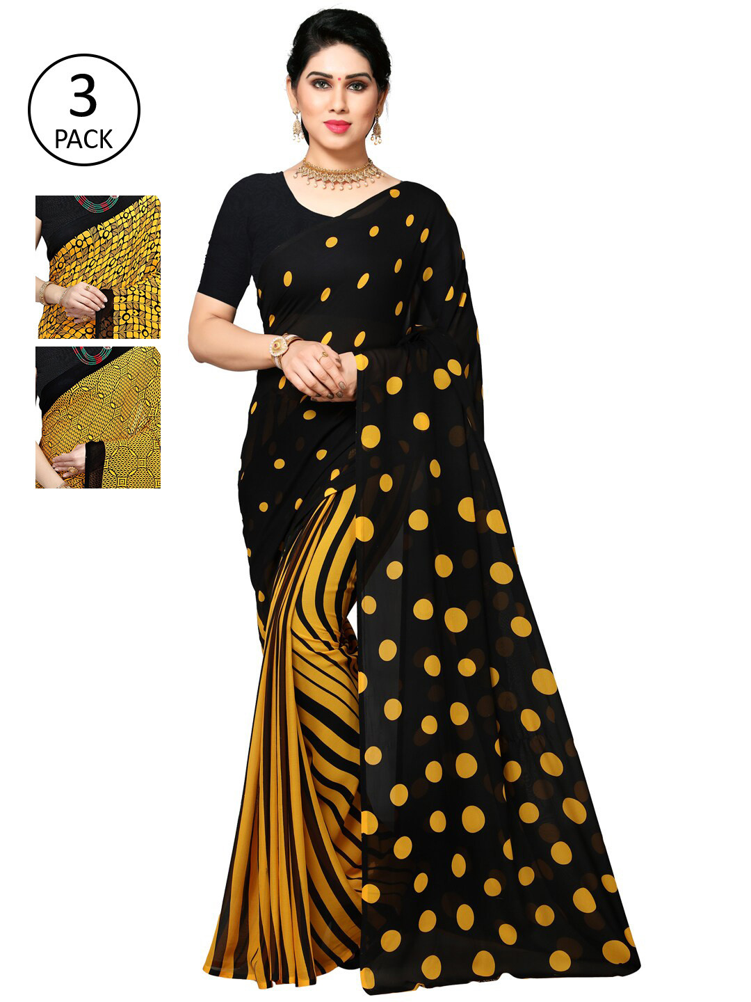 

KALINI Pack of 3 Black & Mustard Yellow Printed Poly Georgette Sarees