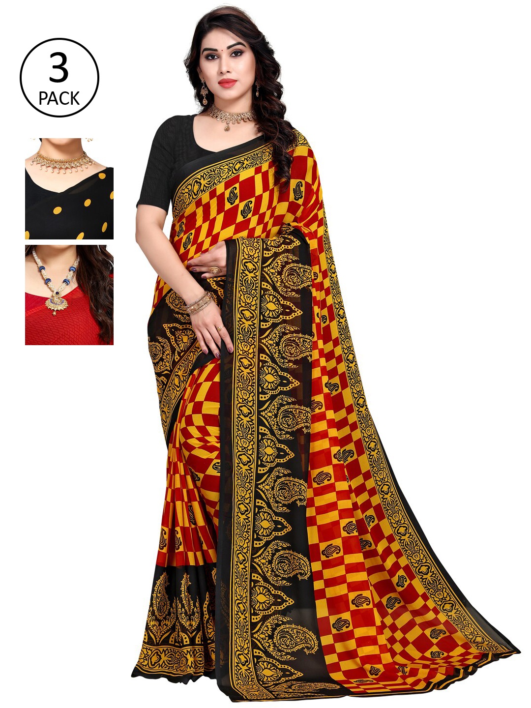 

KALINI Pack of 3 Poly Georgette Printed Sarees, Mustard