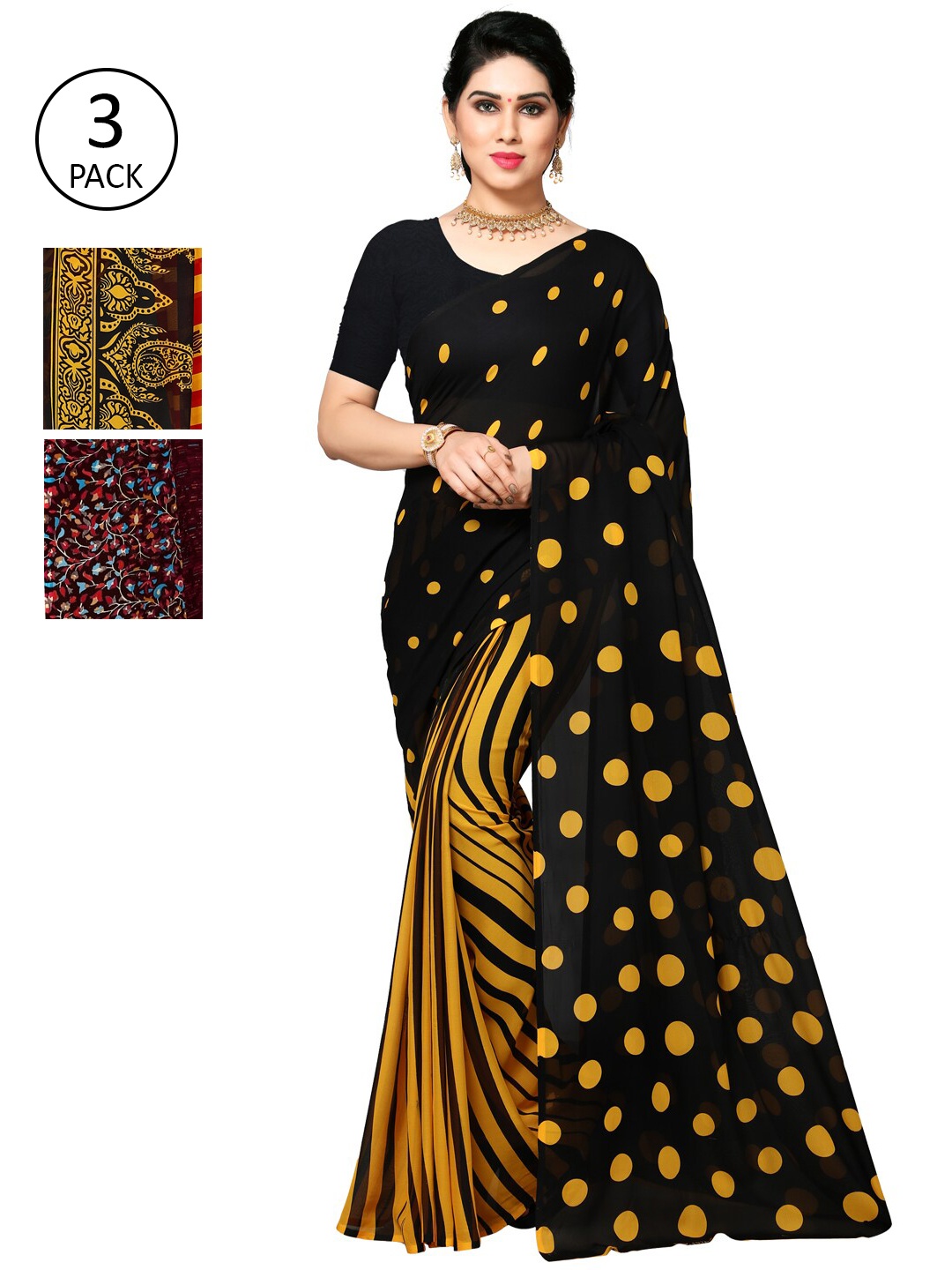 

KALINI Multicoloured Set of 3 Poly Georgette Saree, Multi