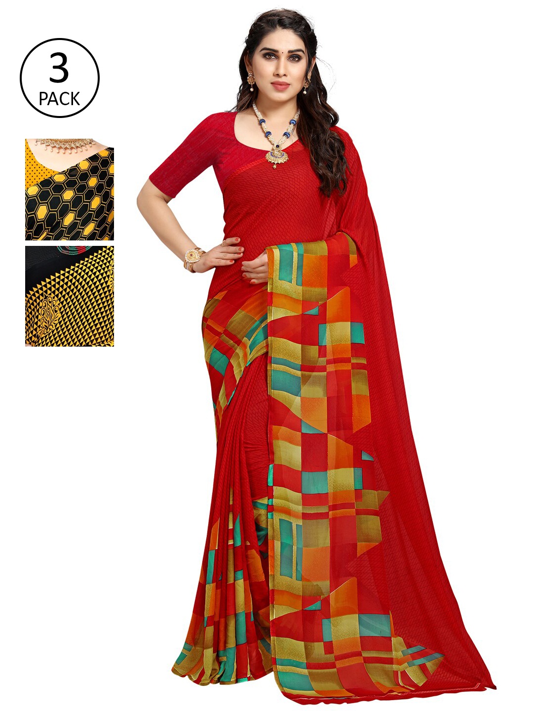 

KALINI Women Pack of 3 Printed Sarees, Yellow