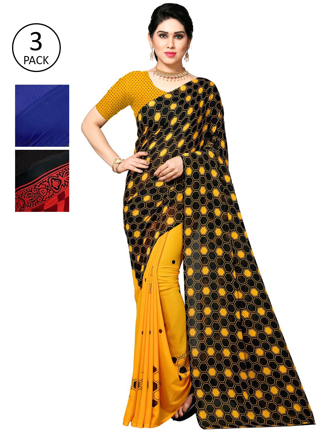 

KALINI Pack of 3 Printed Poly Georgette Saree, Multi